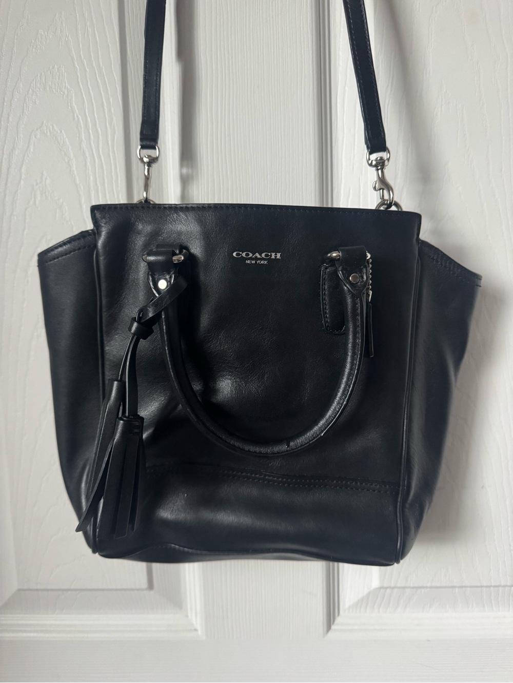 Coach Black Leather Shoulder Tote with Tassel Charm - Picture 4 of 8